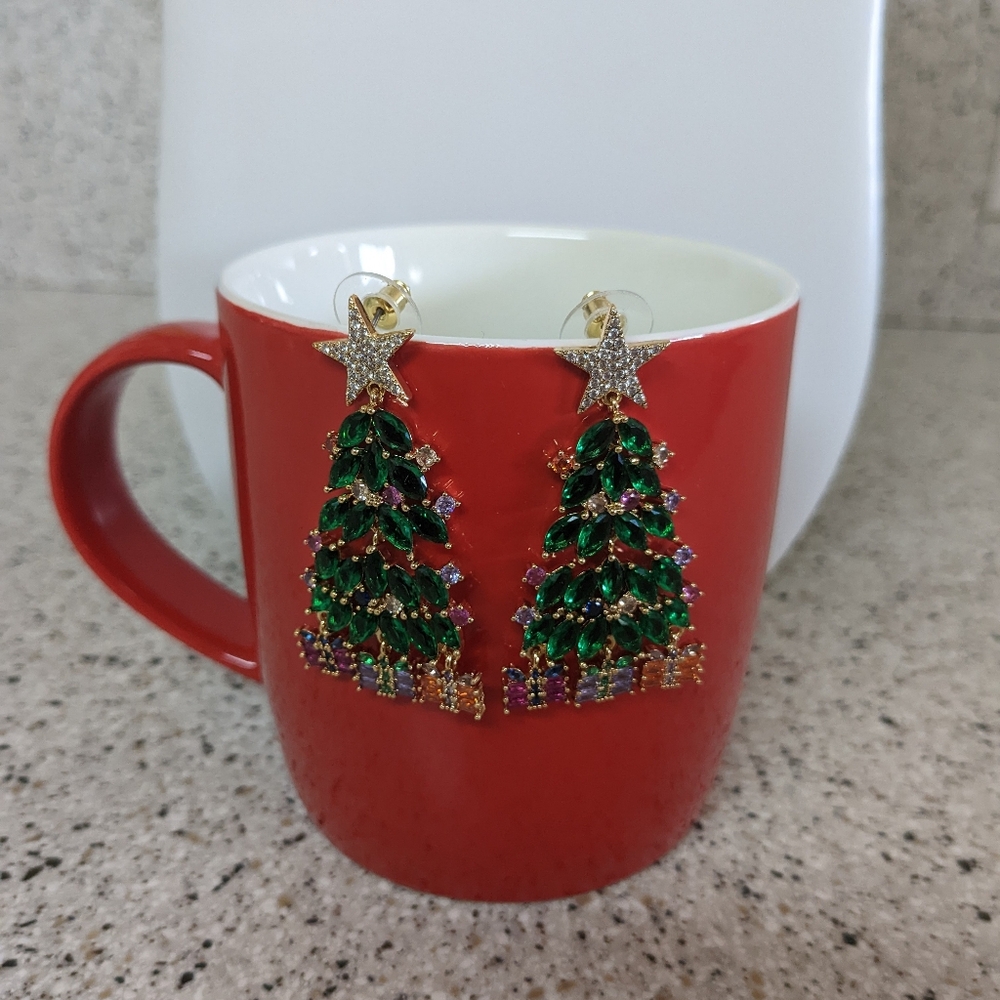 Christmas Tree Earrings CZ Stones - Picture 2 of 5